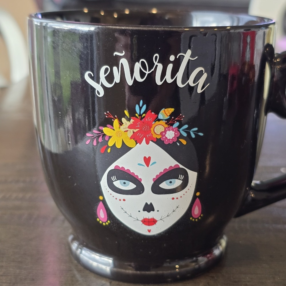 Skull Black Coffee Mug‎ "Señorita" Cheerful Scary Mug  Día De Los Muertos. - Picture 2 of 6